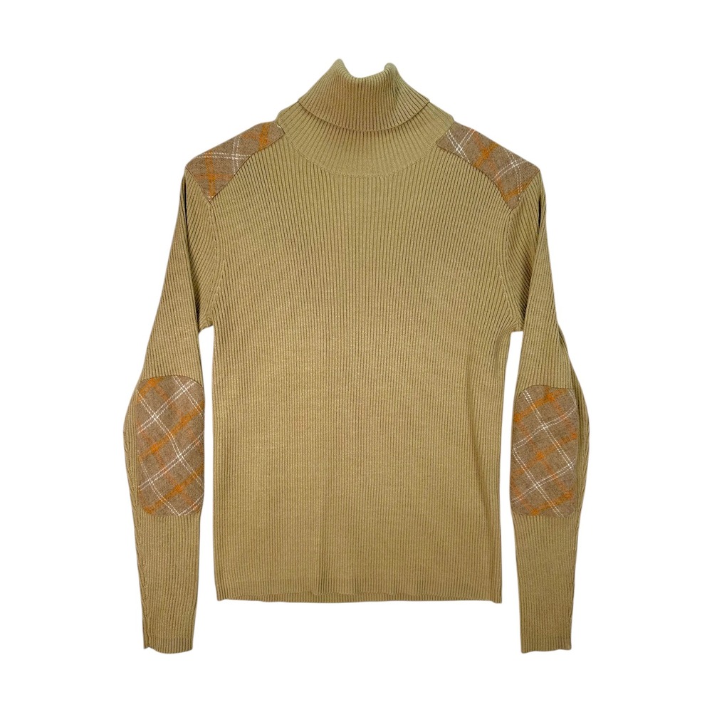 A Line Turtleneck Sweater Womens Small Tan Ribbed Plaid Elbow Patch Preppy Top